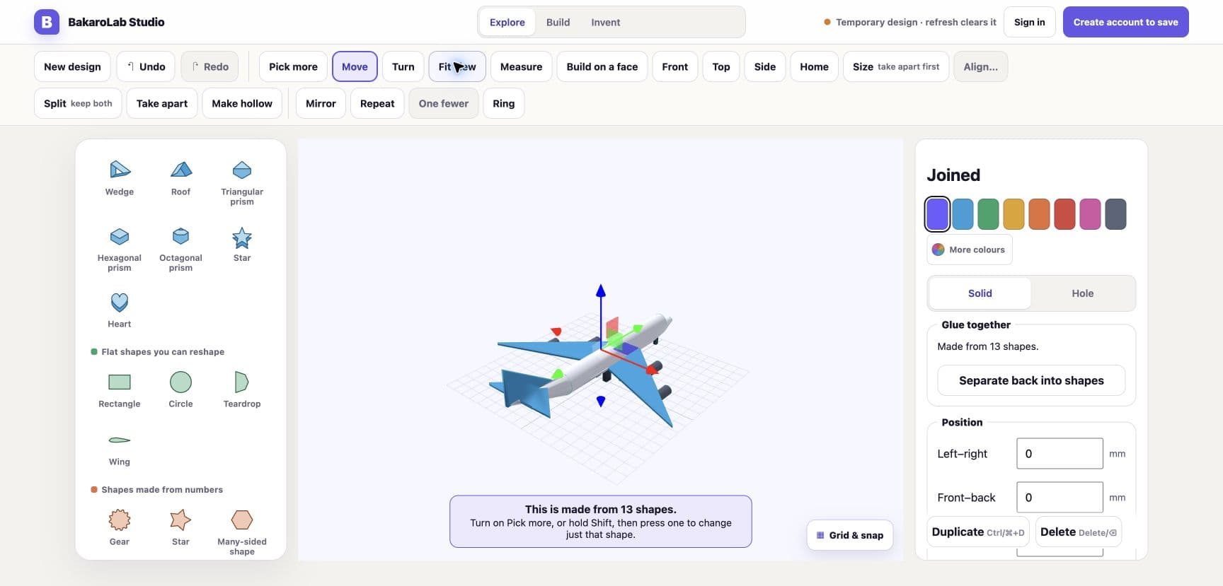 An aircraft built from thirteen shapes in BakaroLab, our learning product.