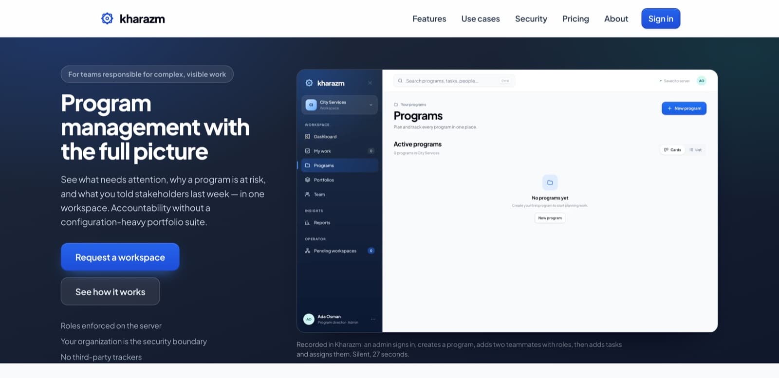 The Kharazm marketing site: the headline 'Program management with the full picture' beside a sign-in card for a workspace.