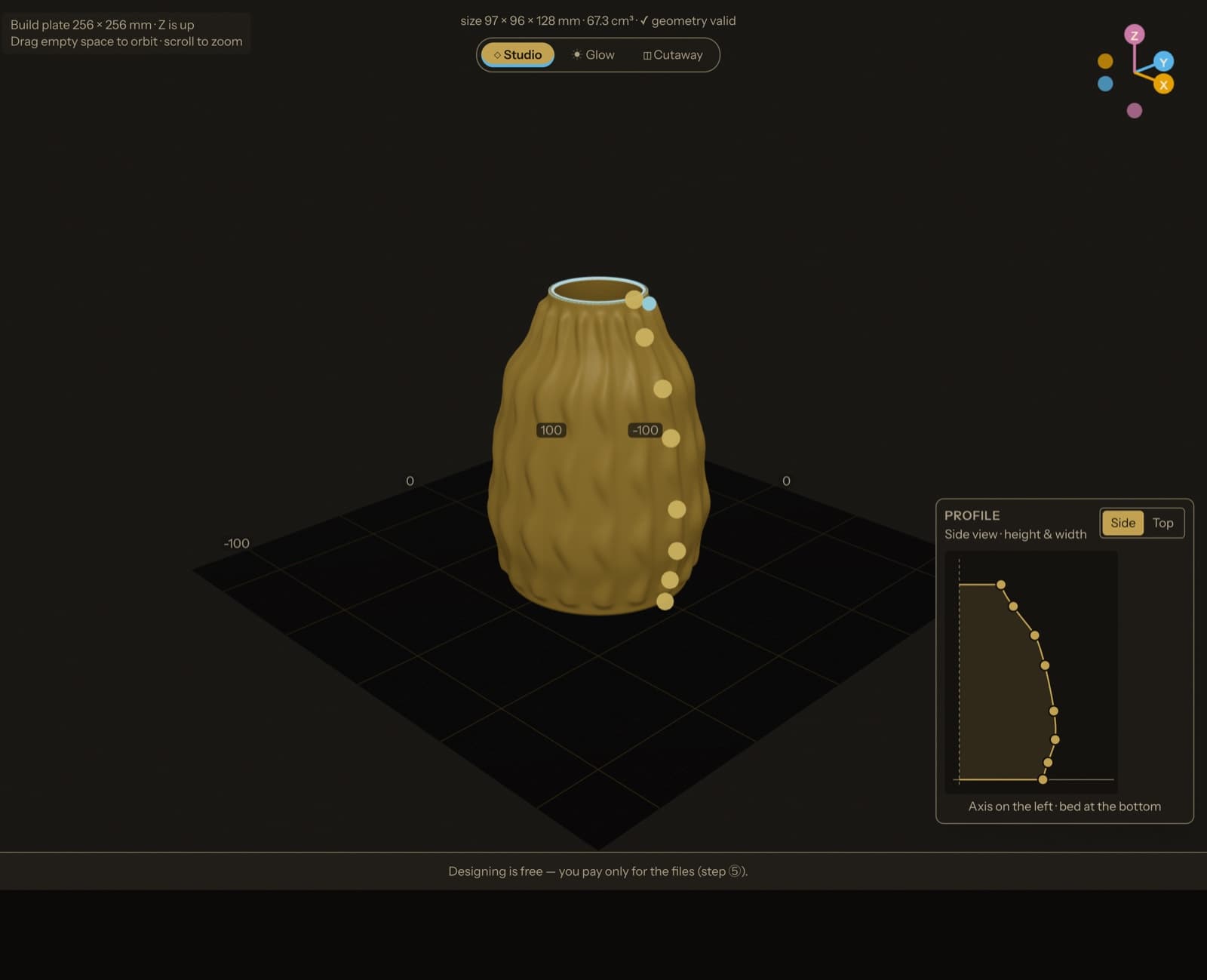 The Lamp Studio editor: a golden wavy-fluted lamp body in live 3D, with draggable ring handles and the side-profile panel.