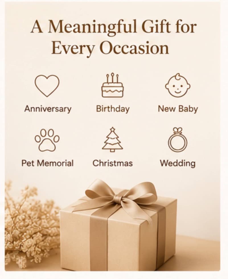 Occasions a photo lamp suits: anniversary, birthday, new baby, pet memorial, Christmas, wedding.