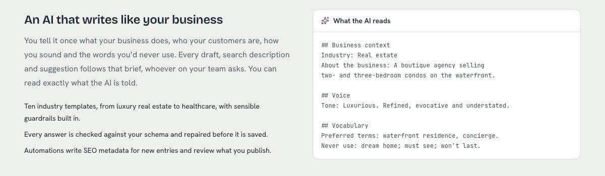 A panel titled What the AI reads, listing business context, tone of voice, preferred terms and banned phrases.